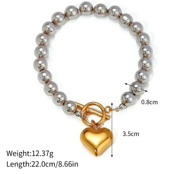 *NEW* 18K Gold Plated Stainless Steel Two Tone Toggle Bracelet & Heart Pendant - Picture 7 of 9